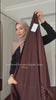 Woman wearing the Fajr Noor Maryam Abaya in coffee with embellished sleeves and a taupe hijab